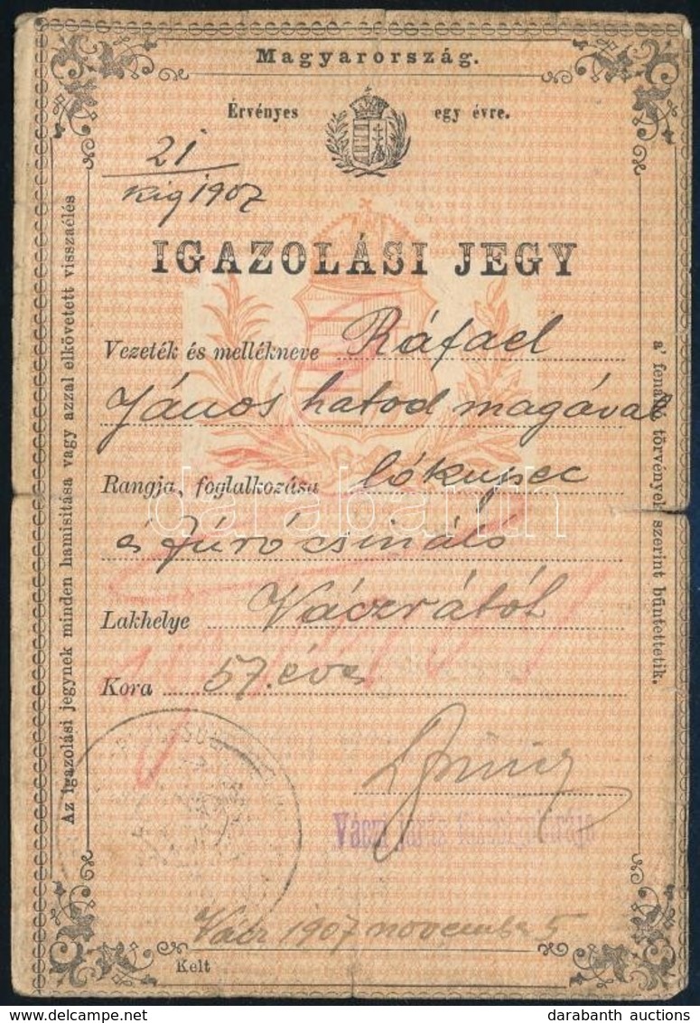 1907 Igazolási Jegy Lókupec és Fúrócsináló Részére - Sin Clasificación