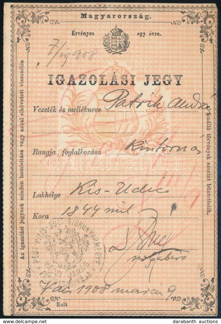 1908 Igazolási Jegy Kintornás Részére - Unclassified