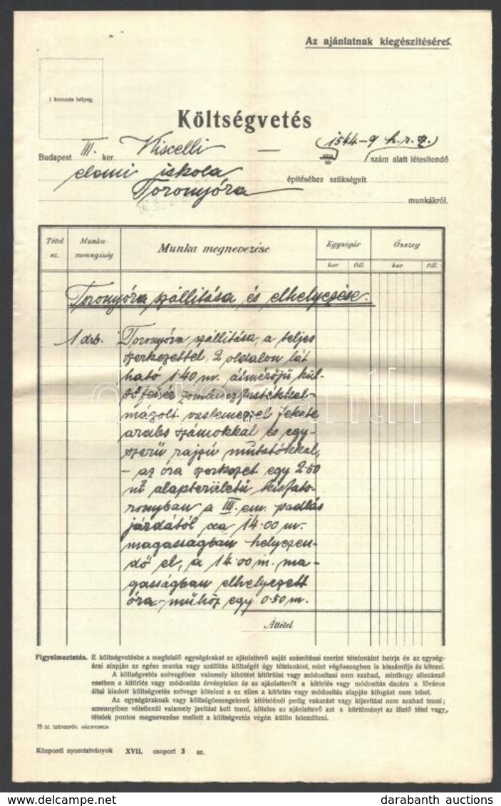 1911 A Budapest III. Kerület Kiscelli Utcai Elemi Iskola építéséhez Szükséges Toronyóra Részletezése és Költségvetése, A - Unclassified