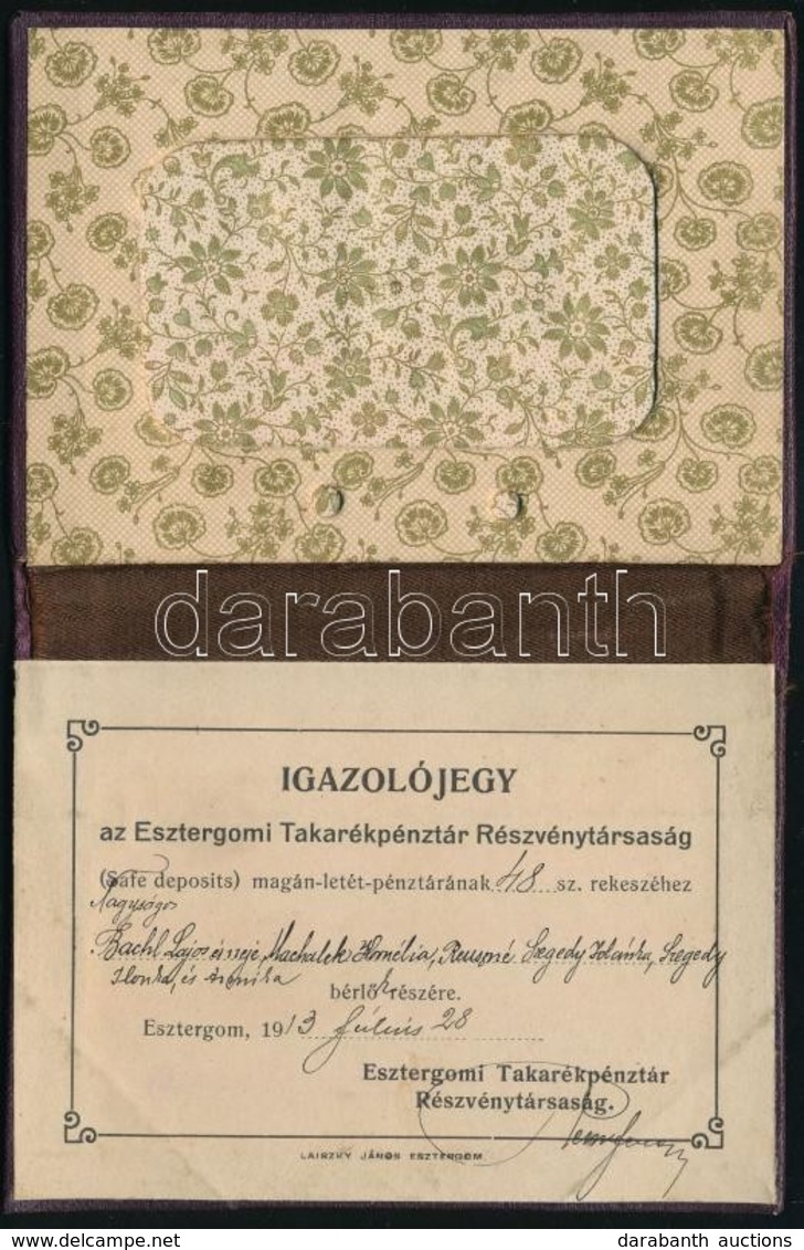 1913 Esztergom, Bőrbevonatos Igazolójegy-könyvecske Az Esztergomi Takarékpénztár Részvénytársaság Magánletétpénztárának  - Ohne Zuordnung