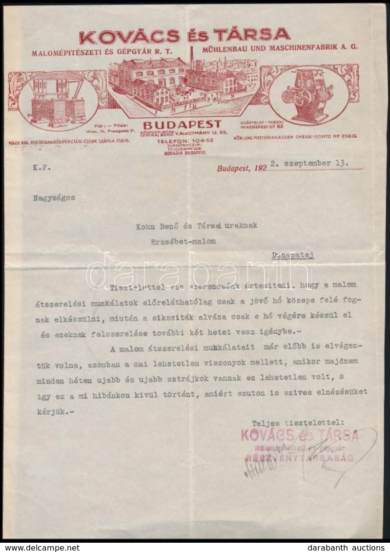 1922 Bp., Kovács és Társa Malomépítészeti és Gépgyár Rt. Díszes Fejléces Levélpapírjára írt Levél - Sin Clasificación