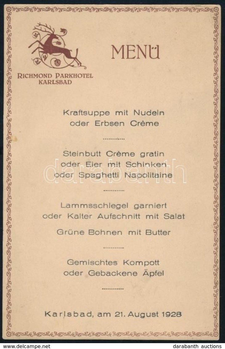 1928, 1970 Richmond Parkhotel Karlsbad + Hotel Unicornis étlapja - Ohne Zuordnung