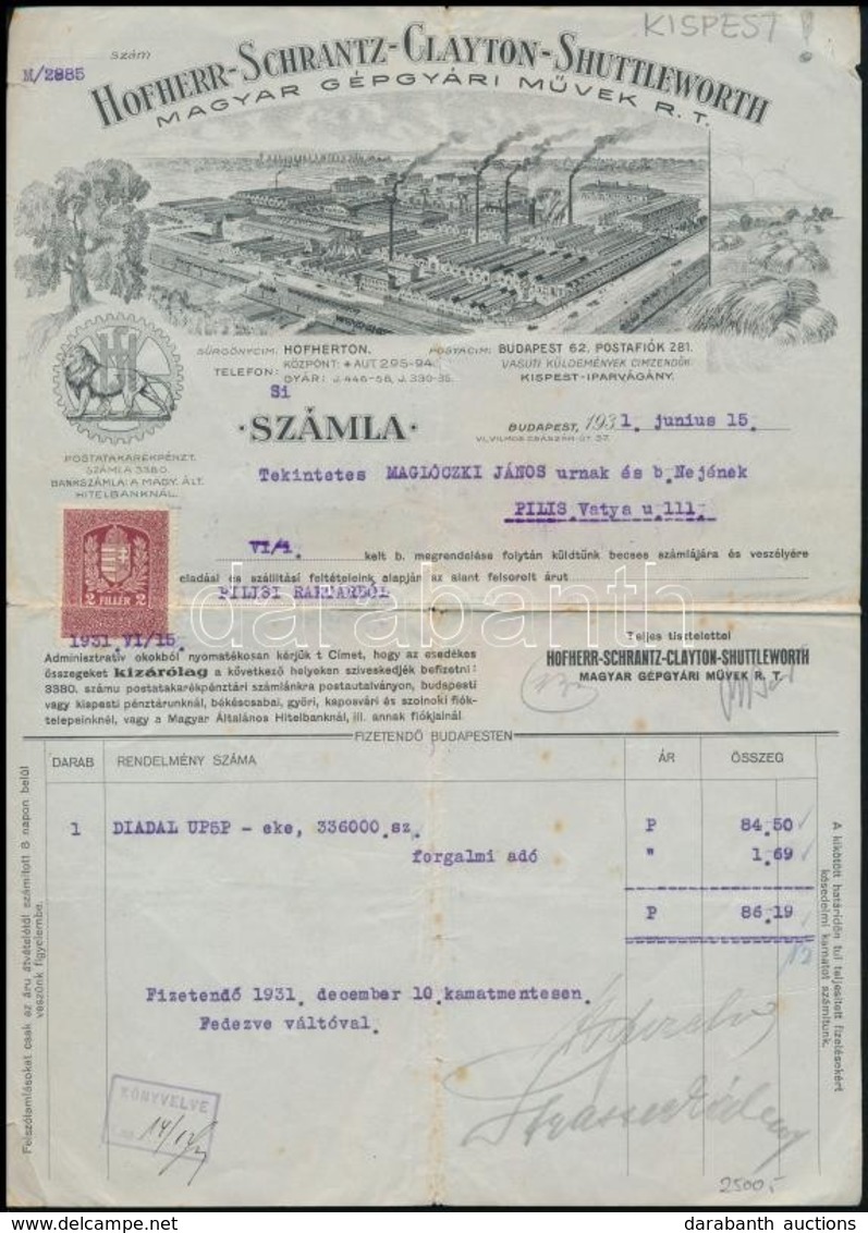 1931 Bp., Hofherr-Schrantz-Clayton-Shuttleworth Magyar Gépgyári Művek Rt. Díszes Fejléces Számlája, Rajta A Gyár Látképé - Unclassified