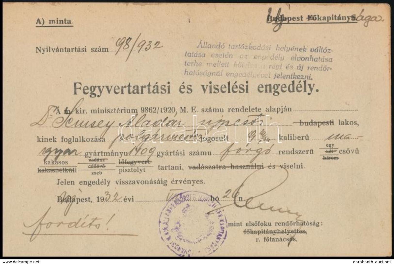 1932 Bp., Fegyvertartási és Fegyverviselési Engedély Polgármester Részére - Unclassified