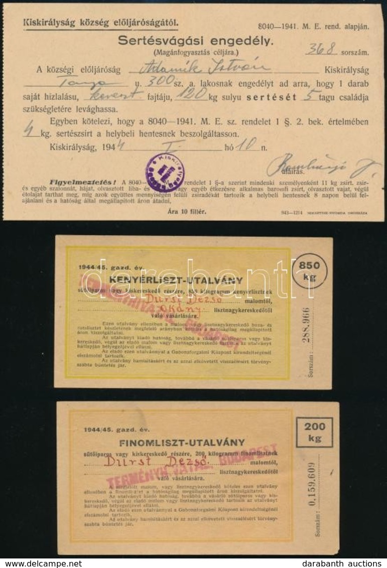 1942-1944 Kiskirályság, Sertésvágási Engedély, Sertéslap, Fizetési Meghagyás, Stb., 8 Db - Unclassified