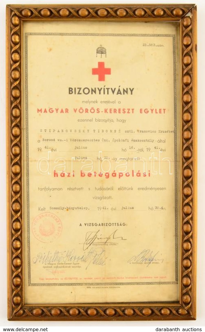 1942 Somsály-Bányatelep,  A Magyar Vöröskereszt Egylet által Kiállított Házi Betegápolási Bizonyítvány, üvegezett Keretb - Ohne Zuordnung