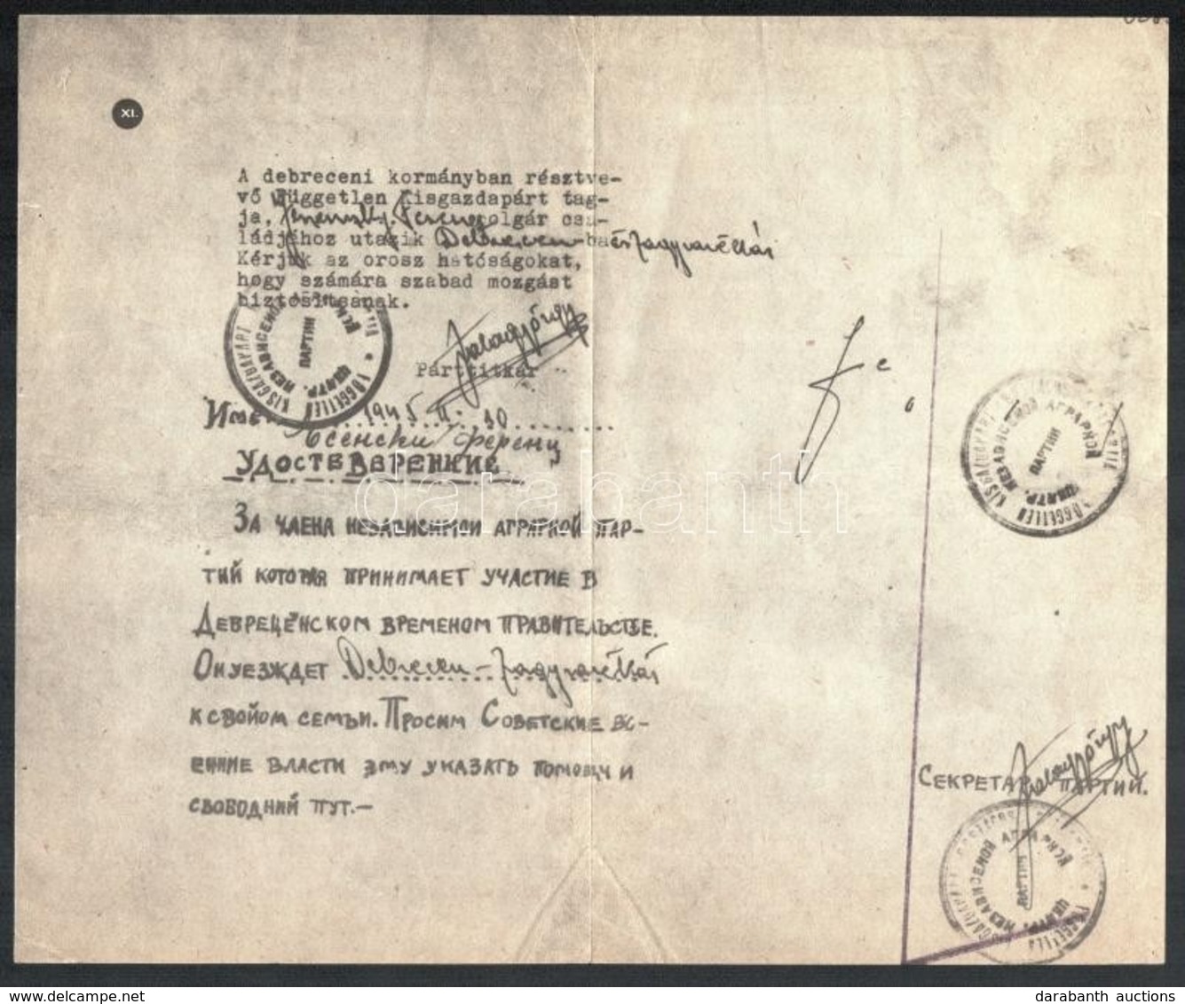 1945 Szabad Mozgást Biztosító Okmány Másolata A Független Kisgazdapárt Tagja Számára - Zonder Classificatie