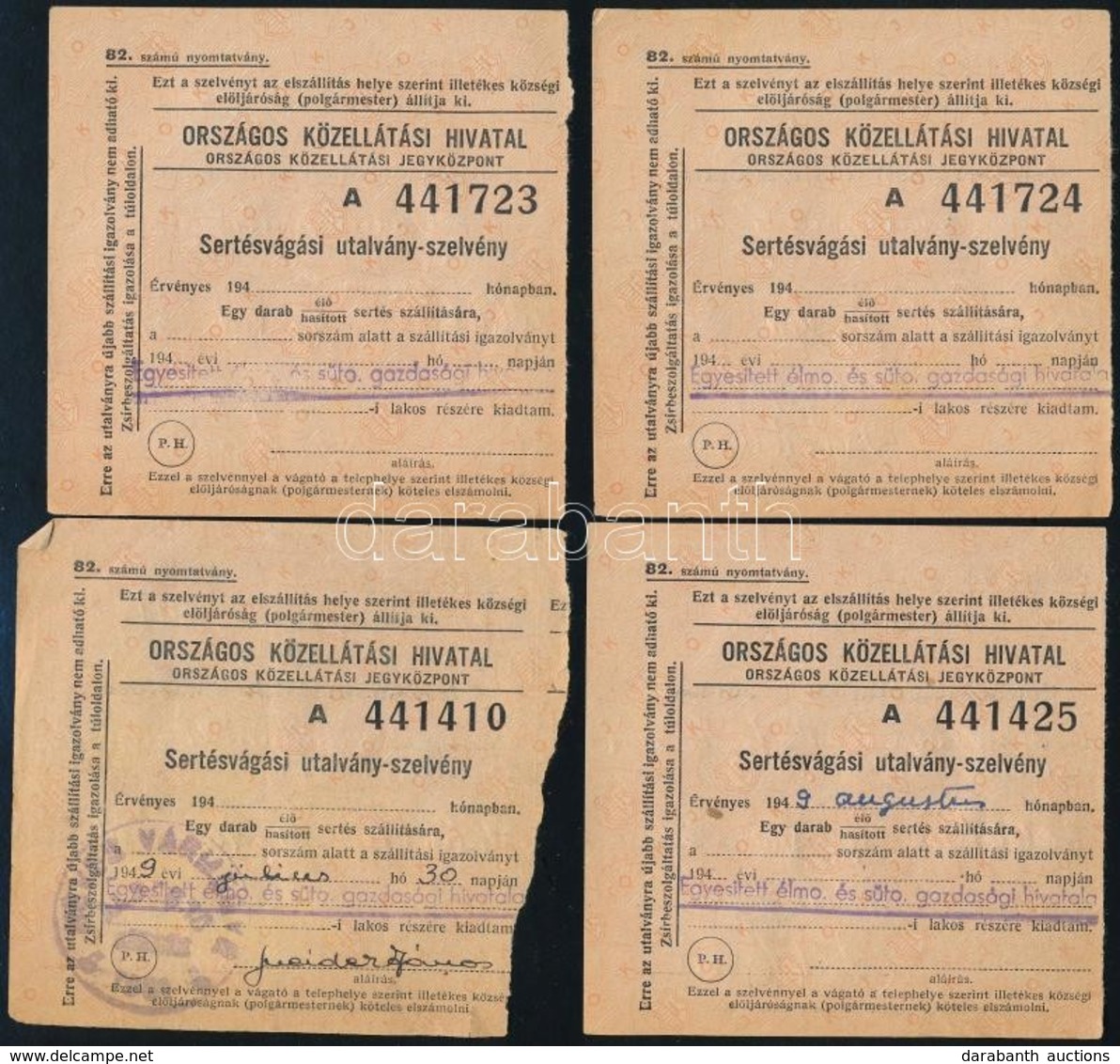 1949 4 Db Sertésvágási Utalvány-szelvény, 2 Használatlan - Unclassified