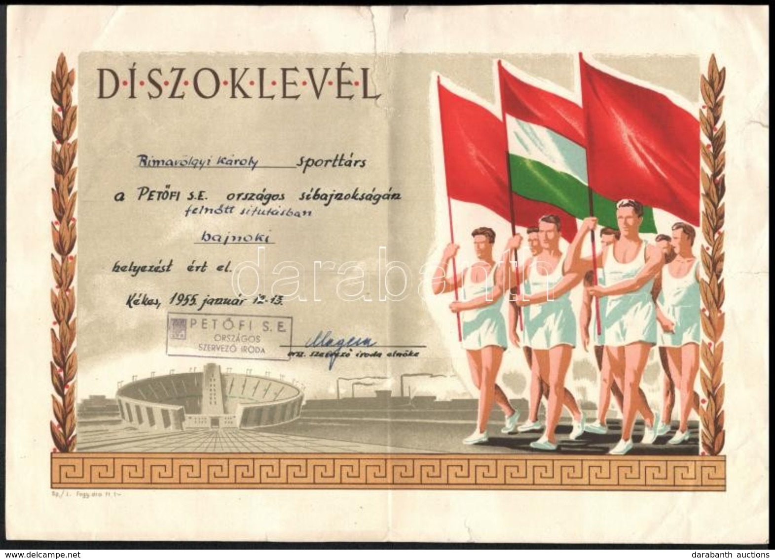 1955 Kékes, Díszoklevél Sífutásban Elért Bajnoki Helyezésért, Hajtott - Unclassified