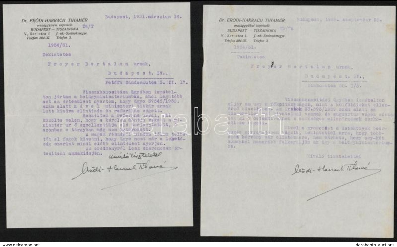 1929 Erődi-Harrach Tihamér (1885-1947) Országgyűlési Képviselő, Kormányfőtanácsos 4 Db Levele Visszahonosítási ügyben, M - Otros & Sin Clasificación