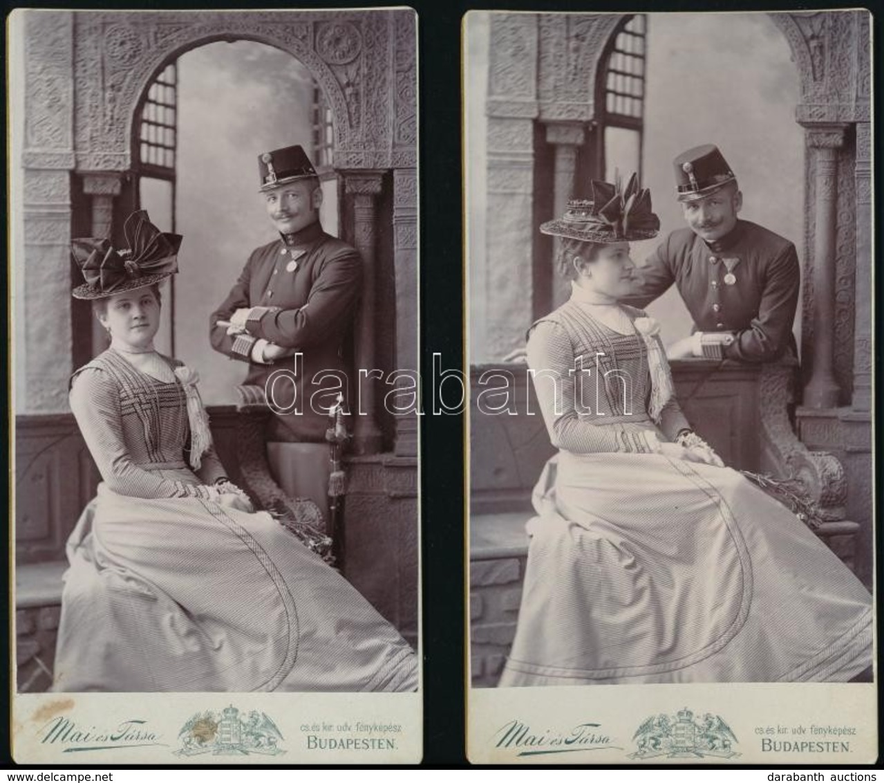 Cca 1880-1900 Házaspár Keményhátú Fotója, Rajta Katonaruhás Férjjel Mai és Társa Fényképészek Műterméből, 11x20,5 Cm - Sonstige & Ohne Zuordnung