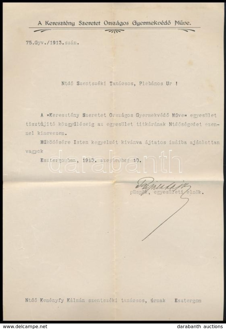 1913 Esztergom, A Keresztény Szeretet Országos Gyermekvédő Műve Egyesület Kinevezési Okmánya Rayner Lajos (1842-1920) Pü - Ohne Zuordnung