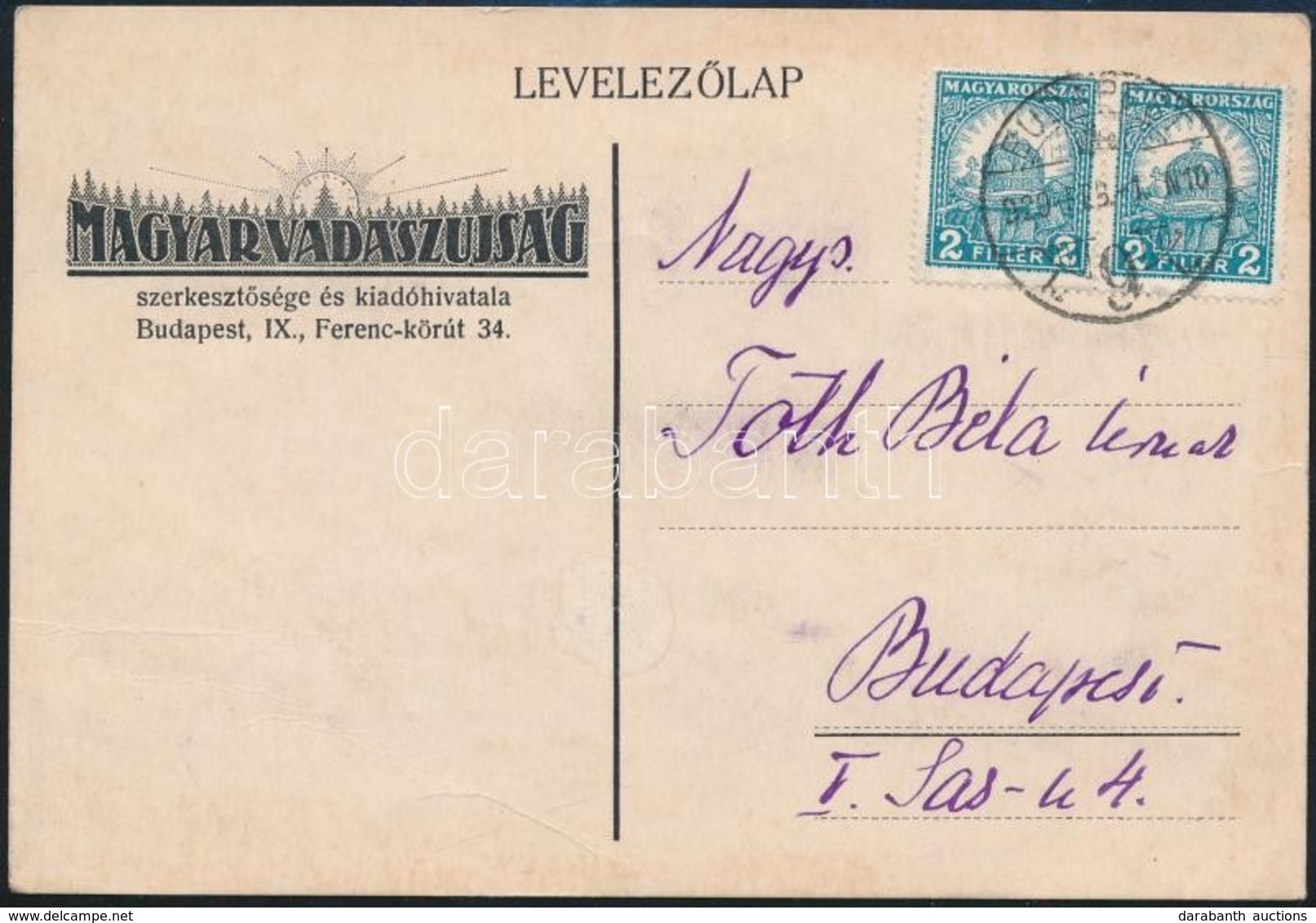 1929 Magyar Vadászújság Kiadóhivatalának Kézzel írt Levele Rákosi Tóth Béla (1873-1930) A Hitelbank Igazgatója Részére,  - Unclassified