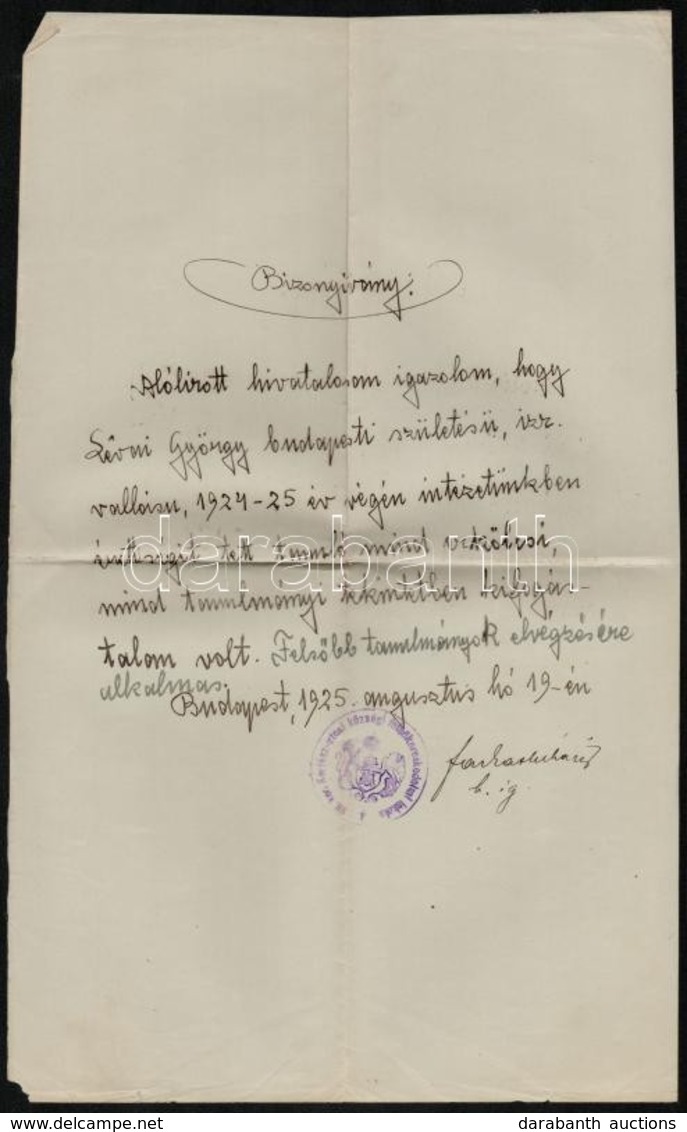 1925 Bp., A VII. Ker. Kertész Utcai Községi Felsőkereskedelmi Iskola Igazgatójának A Numerus Clausus Törvény értelmében  - Sonstige & Ohne Zuordnung