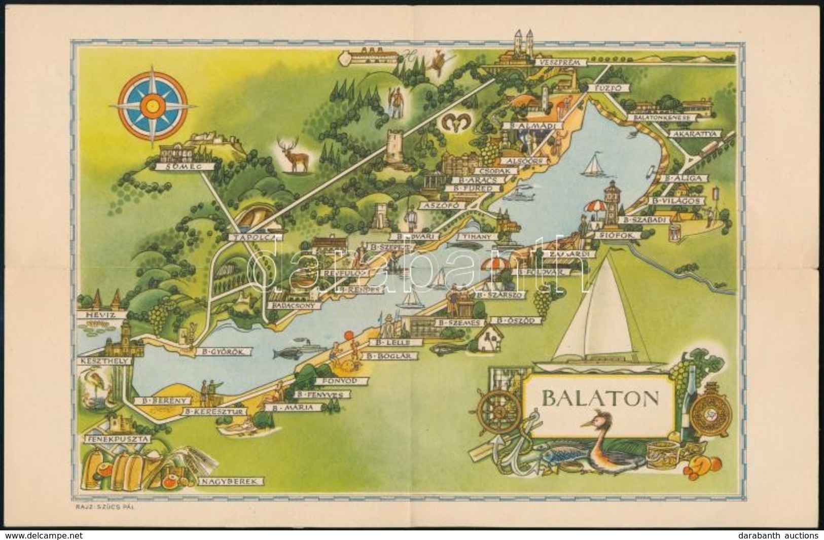 Cca 1930 Balaton Rajzos Térképe Kihajtható Levelezőlapon 28x18 Cm - Otros & Sin Clasificación