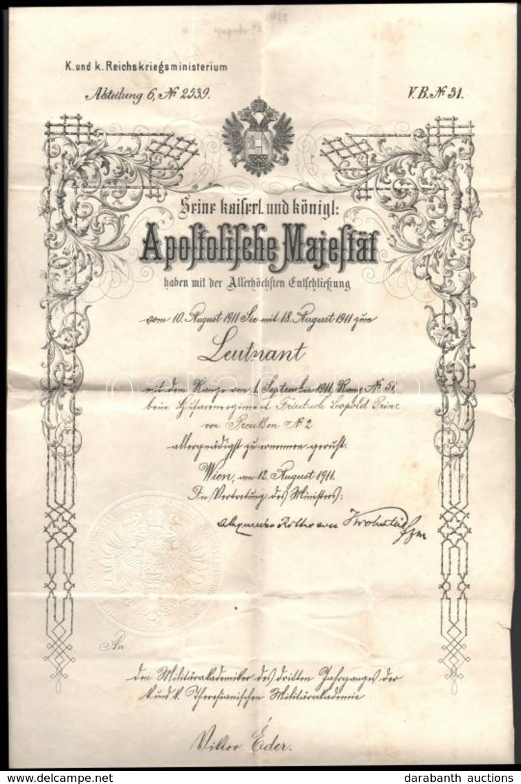 1911 Díszes Hadnagyi Kinevezés Éder Győző (1890-1980) Cs. és Kir. Huszártiszt, A Brassói Cs. és Kir. 2. Huszárezred Tagj - Sonstige & Ohne Zuordnung