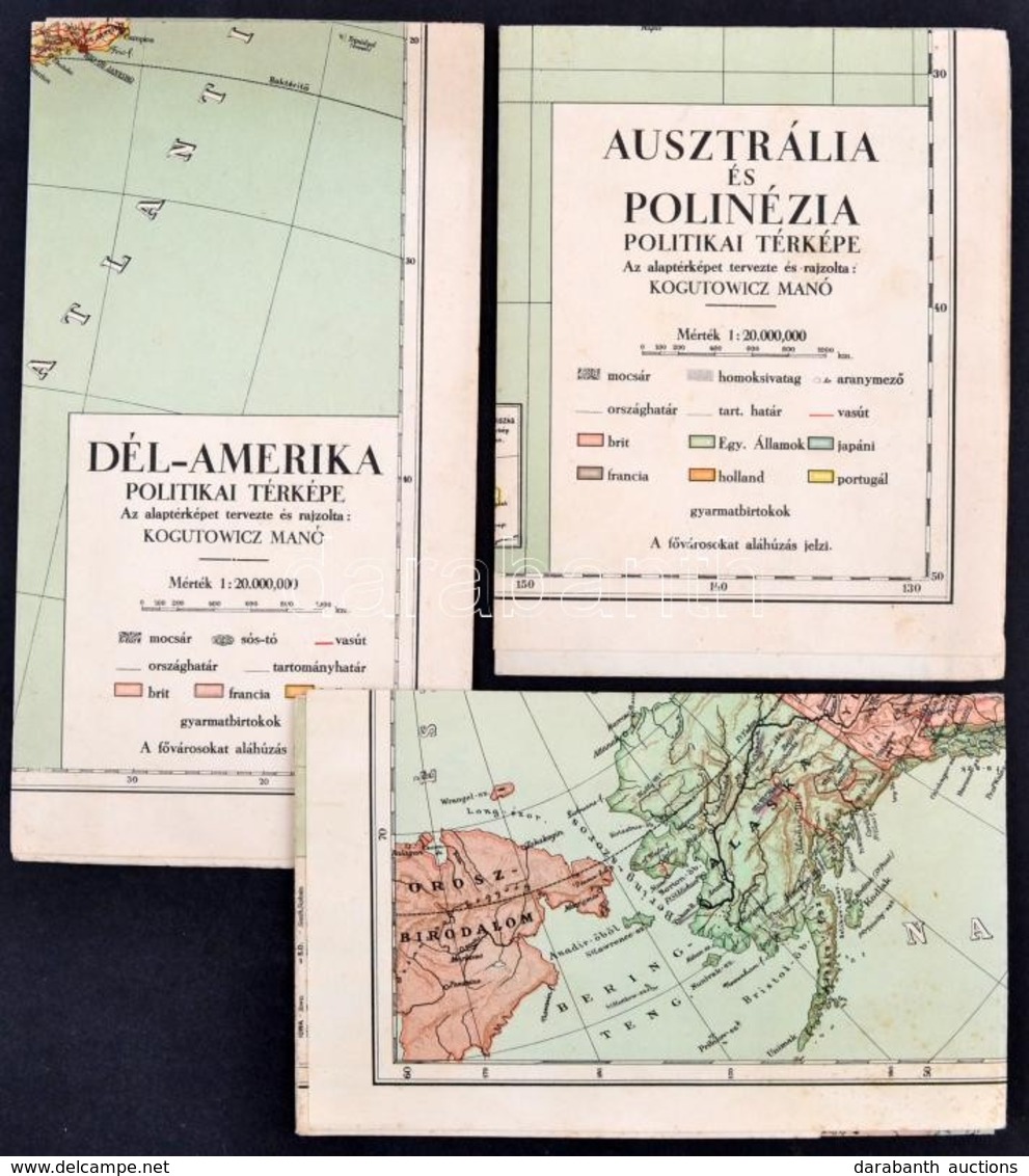 Cca 1930 Észak-Amerika, Dél-Amerika és Ausztrália és Polinézia Politikai Térképei, 3 Db. Tervezte és Rajzolta Kogutowicz - Other & Unclassified