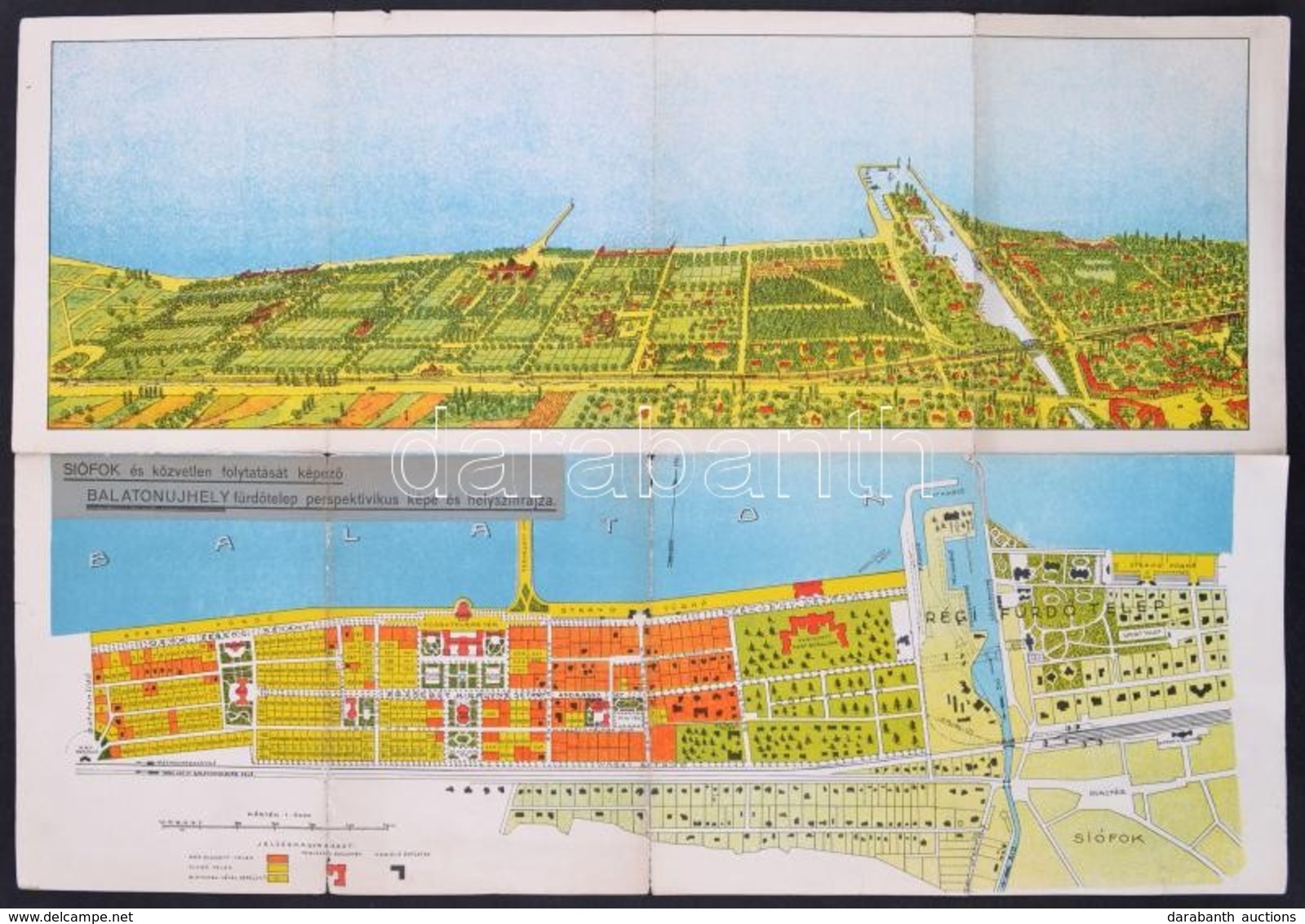 Cca 1930 Siófok és A Közvetlen Folytatását Képző Balatonújhely Perspektivikus Helyszínrajza. 50x35 Cm Szakadásokkal - Otros & Sin Clasificación