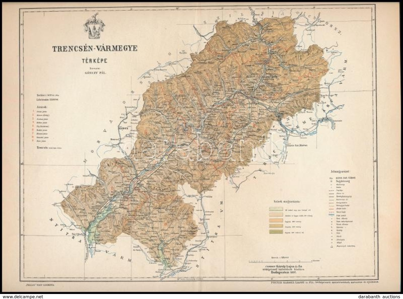 1895 Trencsén Vármegye Térképe, Tervezete: Gönczy Pál, Készült: Posner Károly Lajos és Fia Térképészeti Műintézetében, H - Other & Unclassified