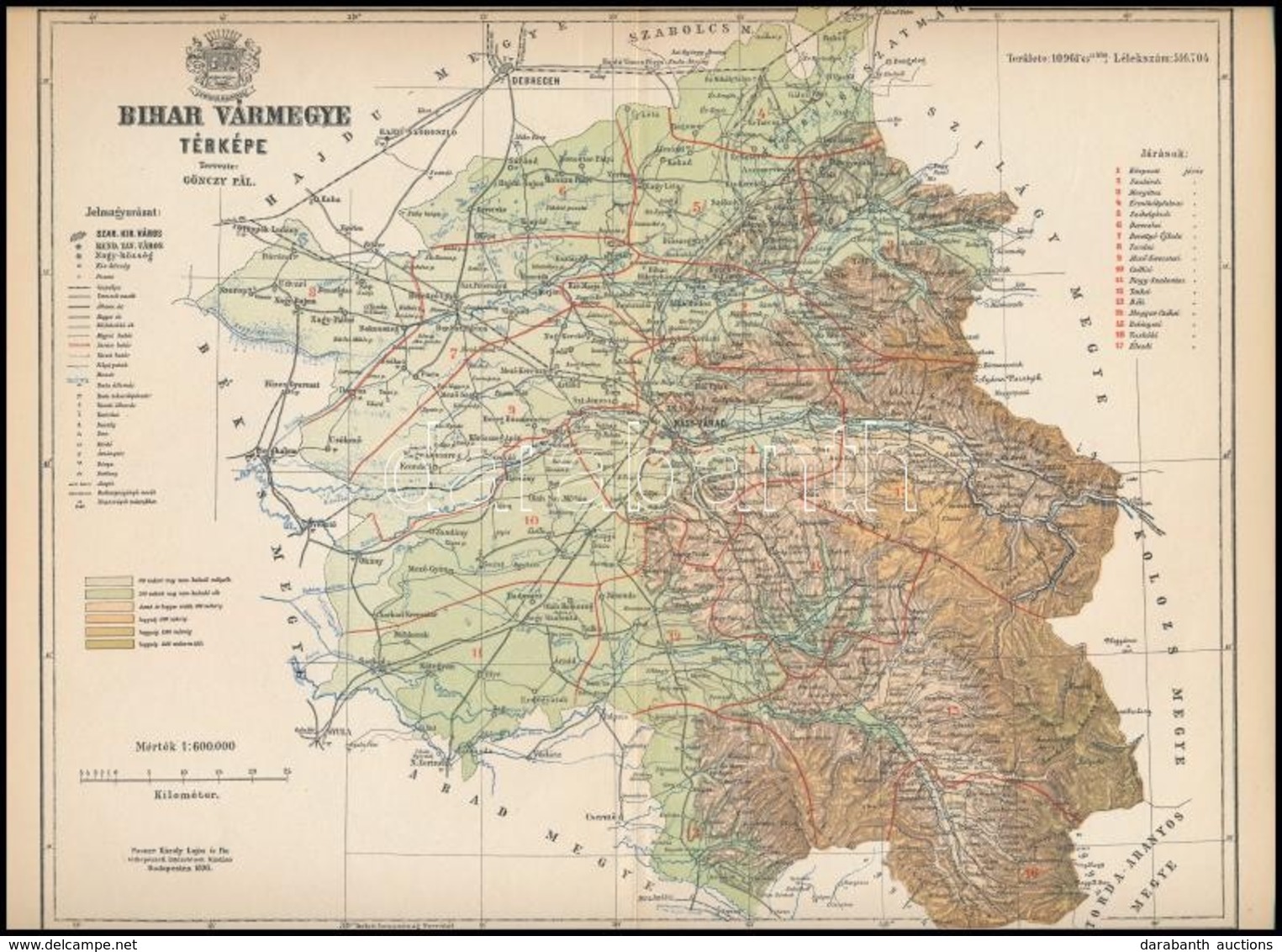 1895 Bihar Vármegye Térképe, Tervezete: Gönczy Pál, Készült: Posner Károly Lajos és Fia Térképészeti Műintézetében, Hajt - Sonstige & Ohne Zuordnung