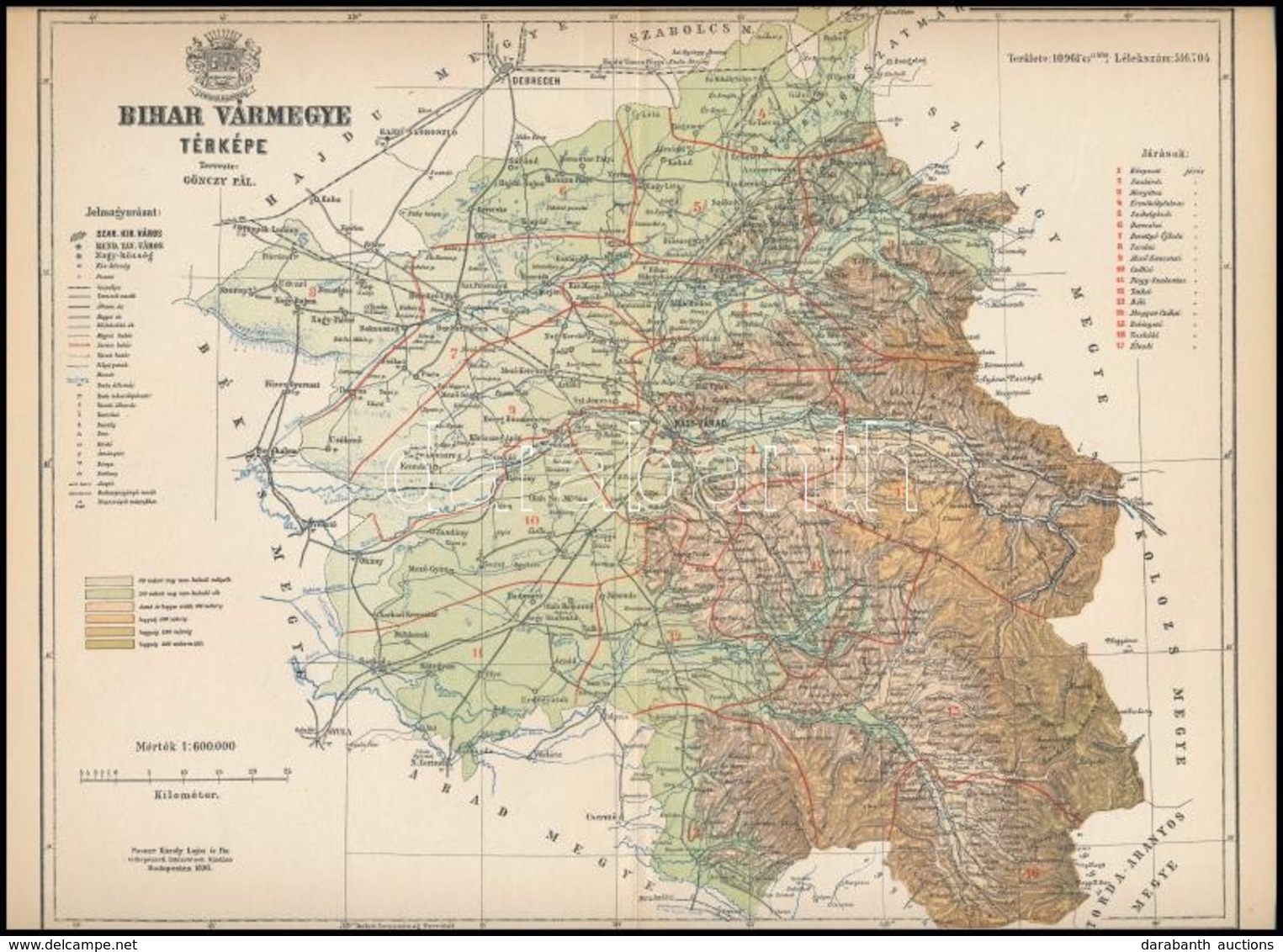 1895 Bihar Vármegye Térképe, Tervezete: Gönczy Pál, Készült: Posner Károly Lajos és Fia Térképészeti Műintézetében, Hajt - Otros & Sin Clasificación