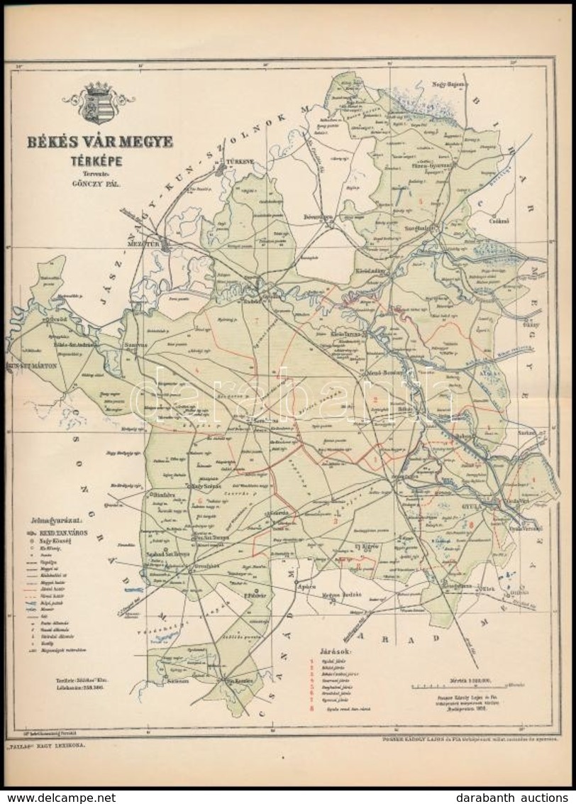 1895 Békés Megye Térképe, Tervezete: Gönczy Pál, Készült: Posner Károly Lajos és Fia Térképészeti Műintézetében, Hajtott - Sonstige & Ohne Zuordnung