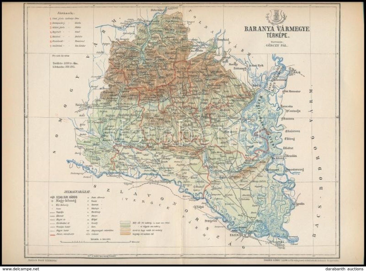 1895 Baranya Vármegye Térképe, Tervezete: Gönczy Pál, Készült: Posner Károly Lajos és Fia Térképészeti Műintézetében, Ha - Sonstige & Ohne Zuordnung