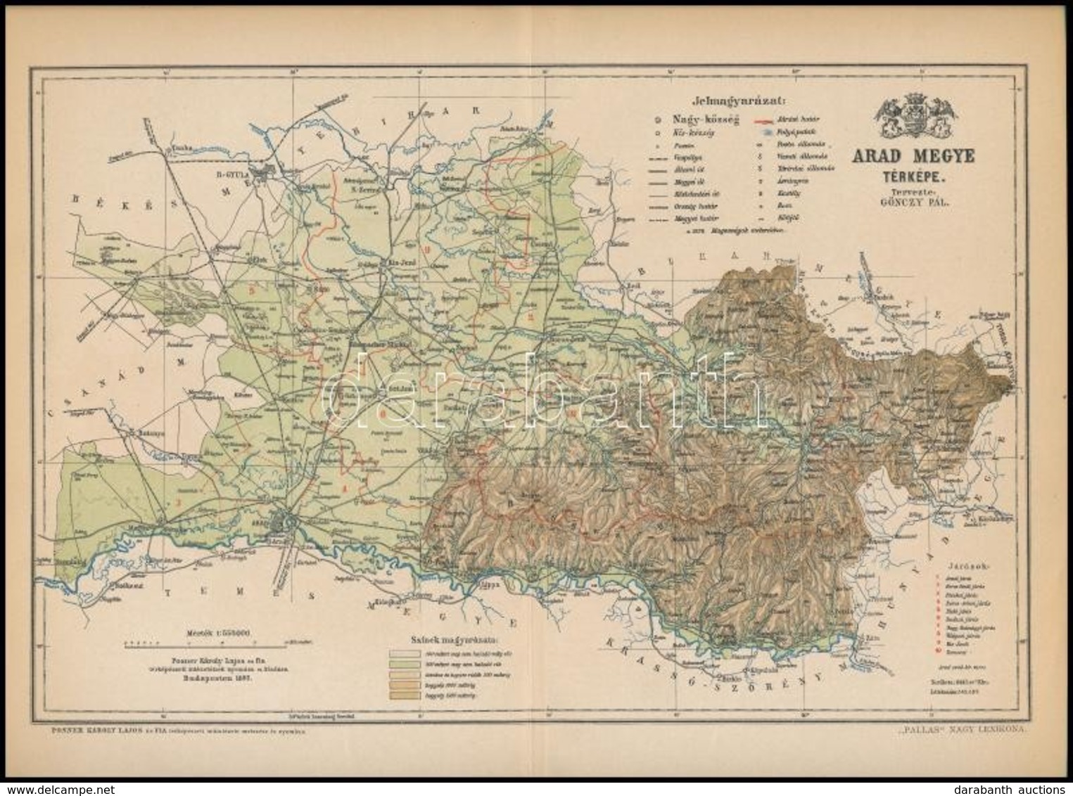 1895 Arad Megye Térképe, Tervezete: Gönczy Pál, Készült: Posner Károly Lajos és Fia Térképészeti Műintézetében, Hajtott, - Sonstige & Ohne Zuordnung