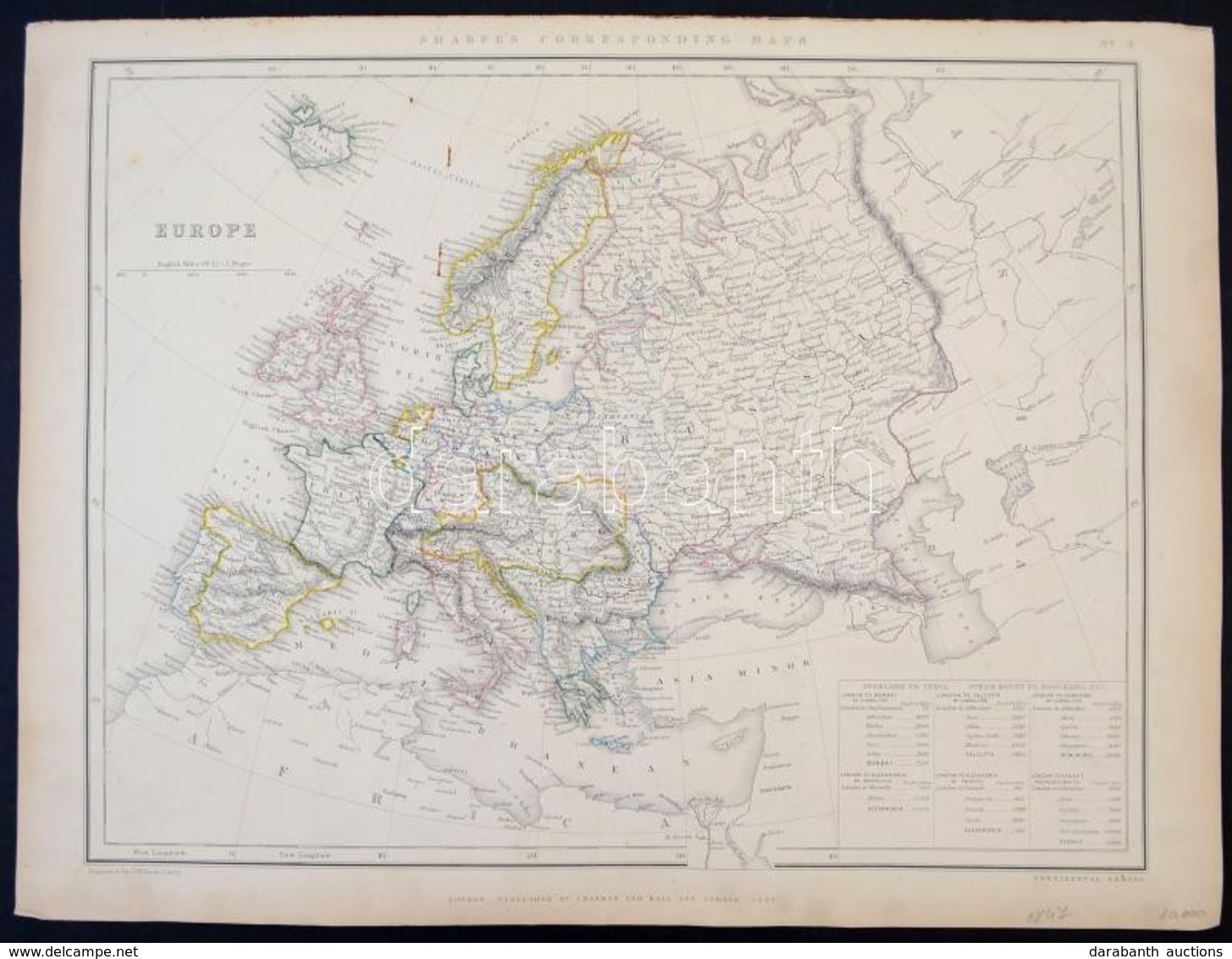 1847 Európa Nagyméretű Határszínezett Rézmetszetű Térképe. / 1847 Sharpe's Corresponding Map Of Europe With Steamship Ro - Otros & Sin Clasificación