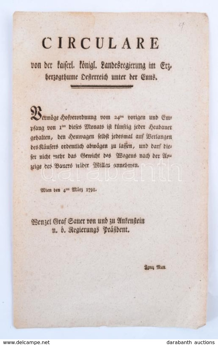 1791 Bécs, Az Enns Ment Osztrák Főhercegség Körlevél A Szénakereskedőknek A Széna Megméréséről, Német Nyelven, 1 Sztl. L - Sin Clasificación