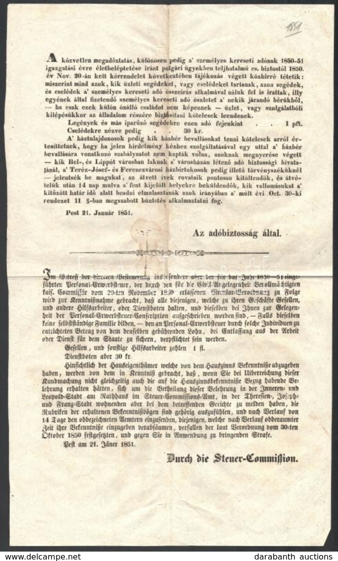 1851 Pest, Az Adóbiztosság által Kiadott Kétnyelvű Tájékoztató Kereseti Adó ügyében - Unclassified