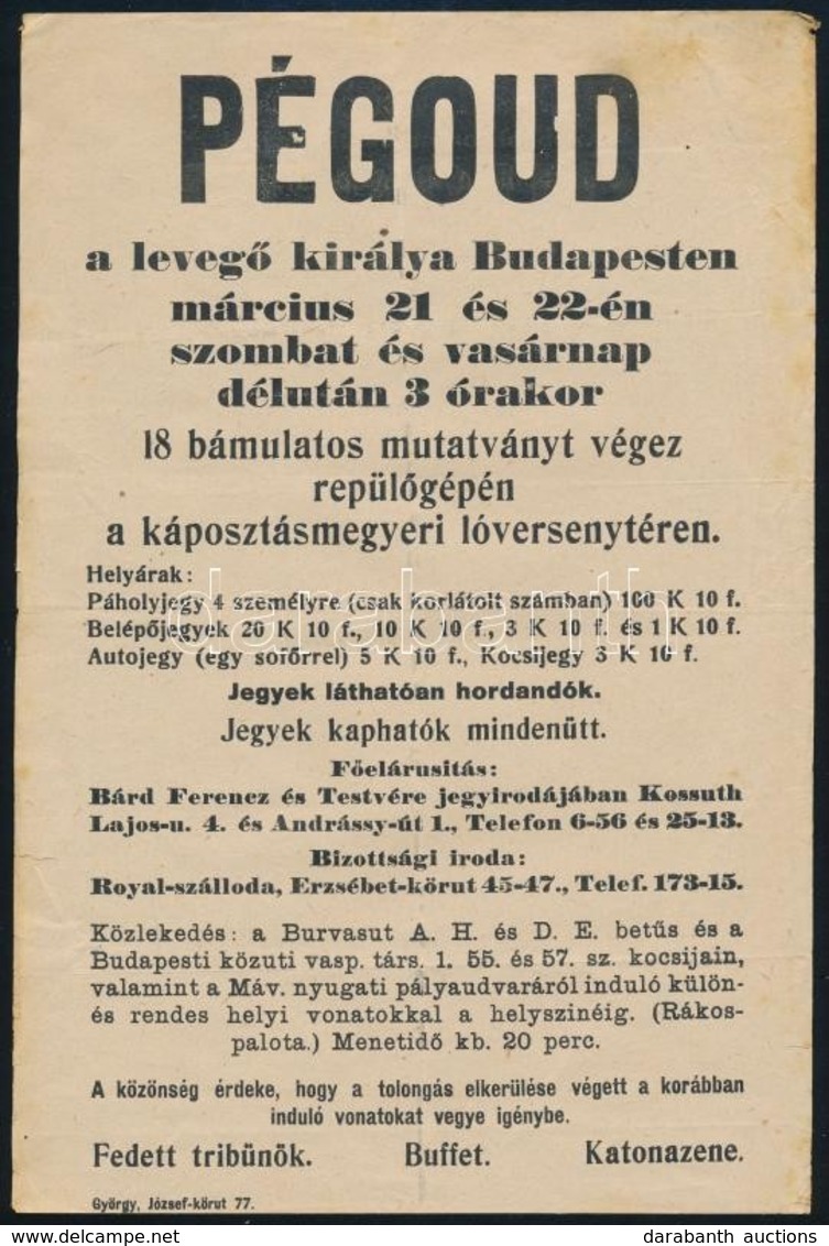 1913 Pégoud Repülős Budapesten. Hirdetmény, Plakát, Röplap 16x23 Cm - Sin Clasificación