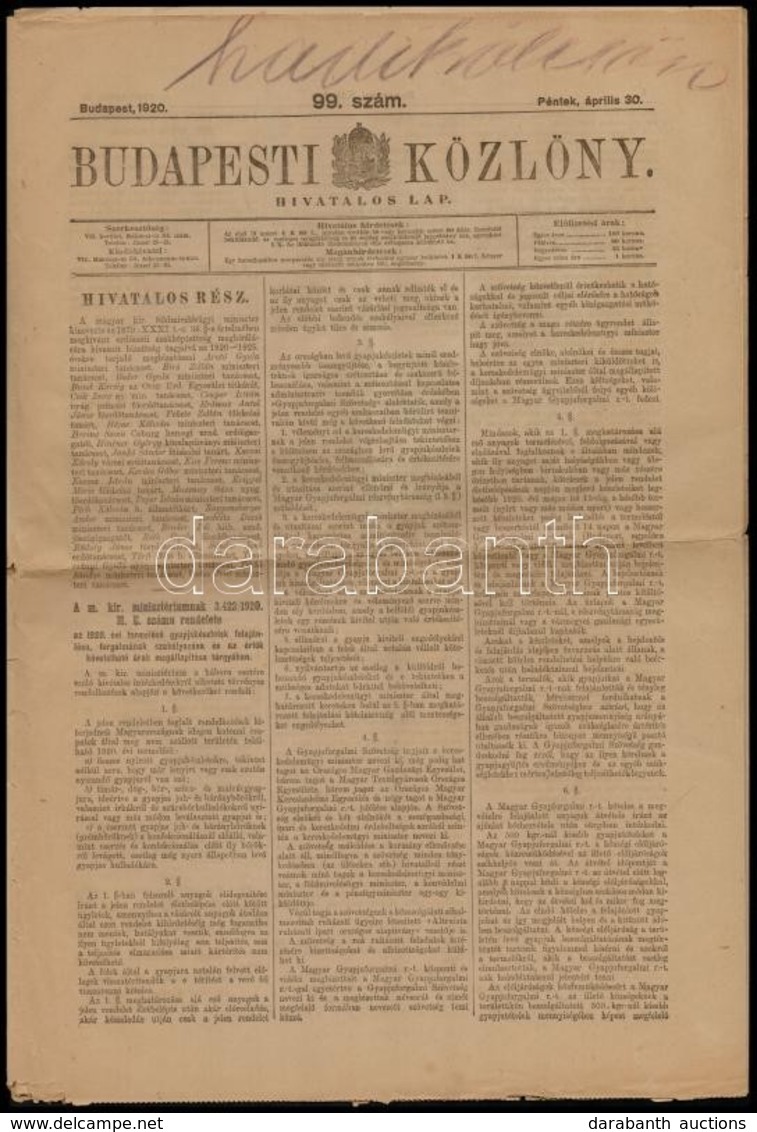 1920 Budapesti Közlöny 3 Száma: 1920.január 1., Március 31., április 30. Bennük A Kor Híreivel. Bp., Athenaeum, 6+8+8 P. - Sin Clasificación