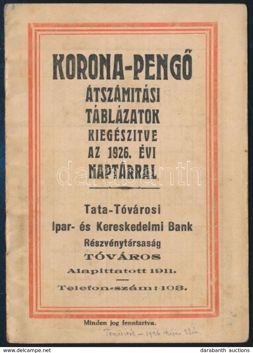 1926 Korona-Pengő átváltási Táblázat és Naptár 10p. - Unclassified