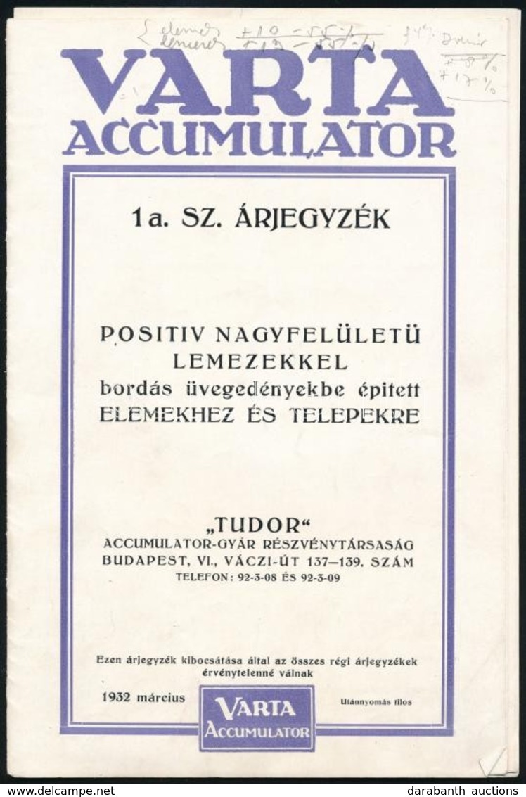 1932 Varta Accumulator 1 A Sz. árjegyzék, Tudor Accumulator-Gyár Részvénytársaság árjegyzék - Sin Clasificación