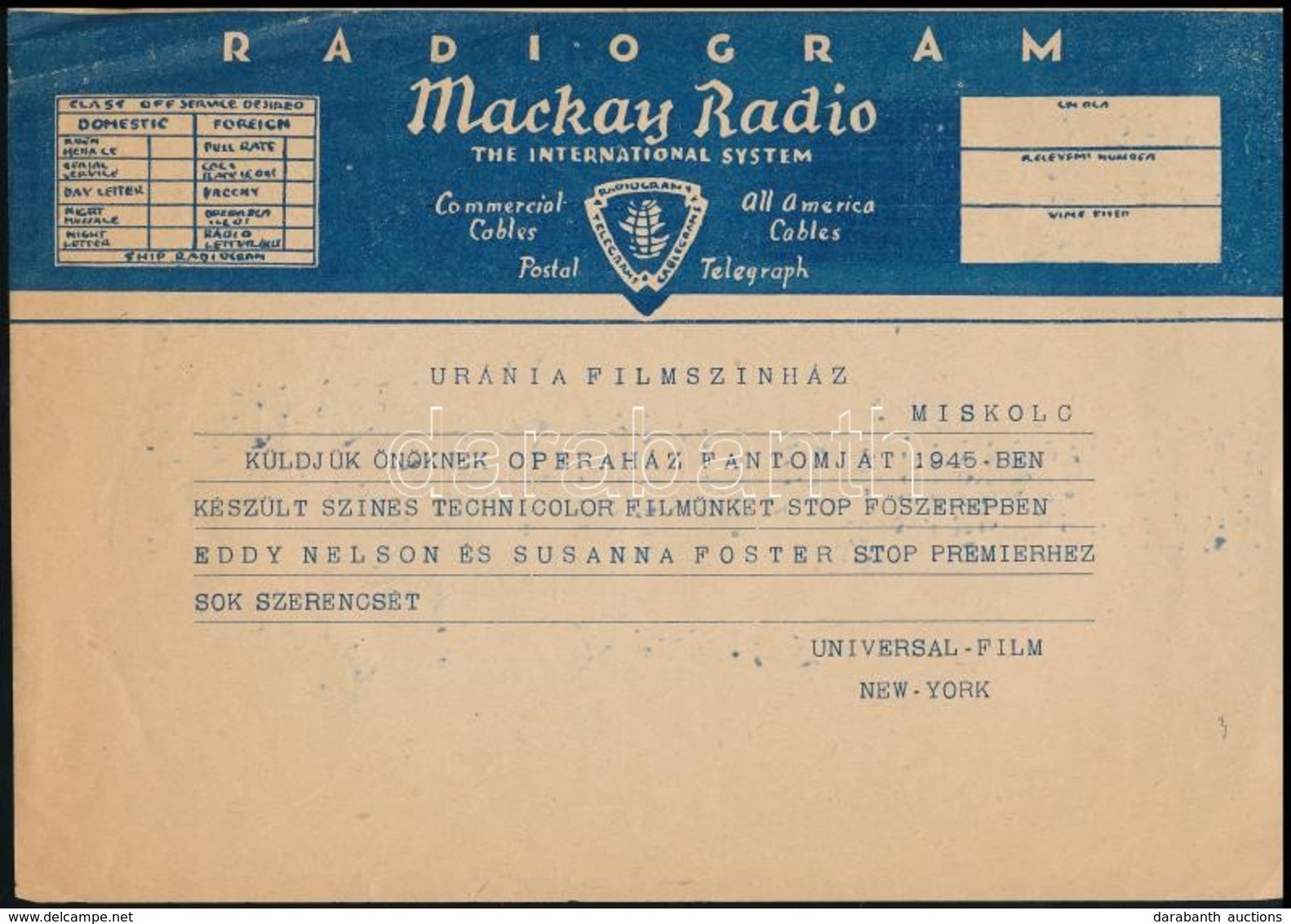 1945 Miskolc, Universal Film Távirata Az Uránia Filmszínháznak Az Operaház Fantomja C. Film Megküldéséről, Radiogram, Gy - Sin Clasificación