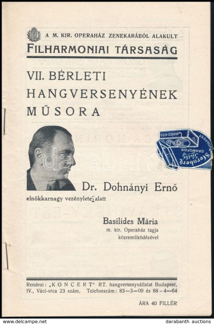 1933 Dohnányi Ernő, Basilides Márta Hangverseny Műsorfüzet 16p. - Otros & Sin Clasificación