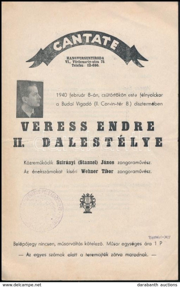 1940 Veress Endre Dalest Műsorfüzet 8p. - Sonstige & Ohne Zuordnung