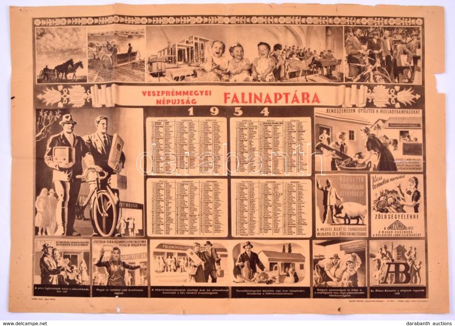 1954 A Veszprém Megyei Népújság Falinaptára Szocreál Jelenetekkel 52x70 Cm Vékony Savas Papír, Beszakadásokkal - Sonstige & Ohne Zuordnung
