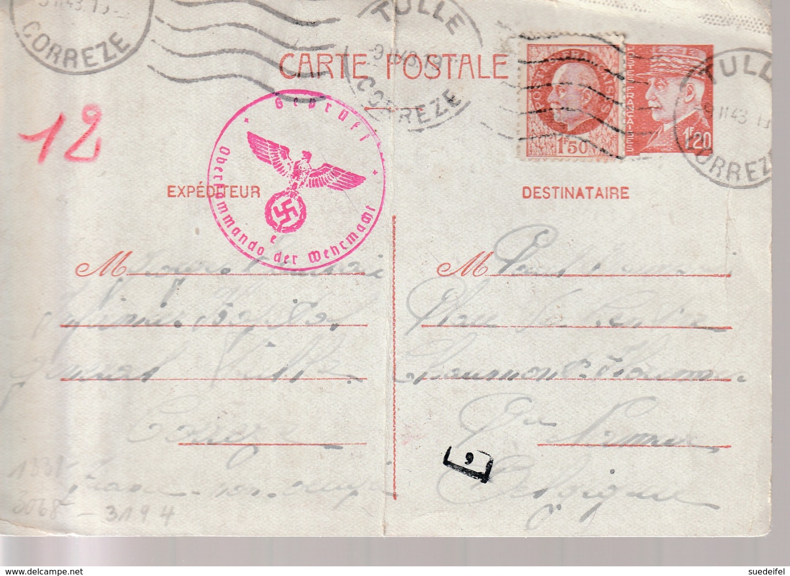 WW2,Correspondance  France Petain  Carte Postale Par Correze, Censure Allemagne - WW II