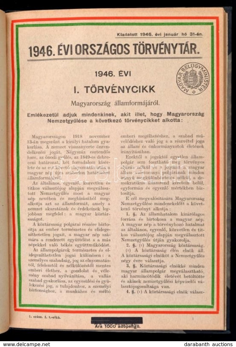 Az 1946. évi Országos Törvénytár. (Corpus Juris.) Kiadja: A M. Kir. Belügyminisztérium. Bp., 1946, Athenaeum, XI+98 P. Á - Unclassified