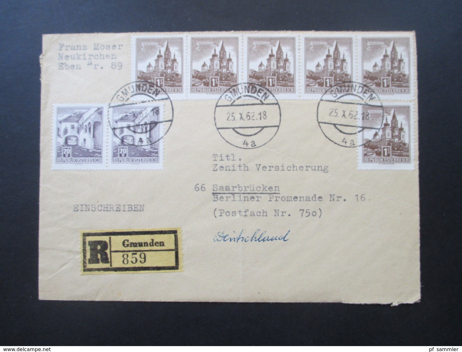 Österreich 1962 Einschreiben Gmunden 859 Nach Saarbrücken Bauwerke MiF Nr. 1037 Als Waagerechter 4er Streifen! - Storia Postale