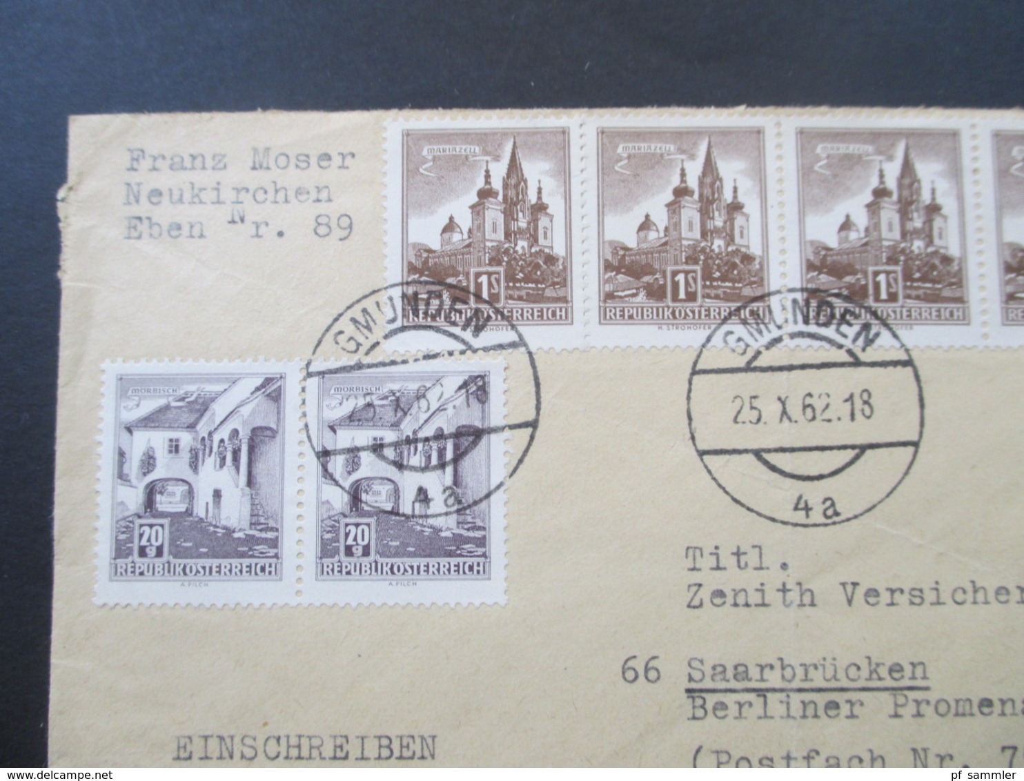 Österreich 1962 Einschreiben Gmunden 859 Nach Saarbrücken Bauwerke MiF Nr. 1037 Als Waagerechter 4er Streifen! - Brieven En Documenten