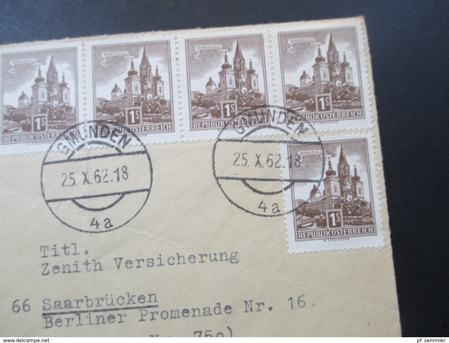 Österreich 1962 Einschreiben Gmunden 859 Nach Saarbrücken Bauwerke MiF Nr. 1037 Als Waagerechter 4er Streifen! - Briefe U. Dokumente