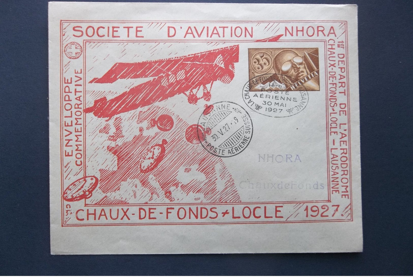Helvetia: 1927 Aerienne Postal Envelope To ChaudeFonds (#EV4) - Briefe U. Dokumente