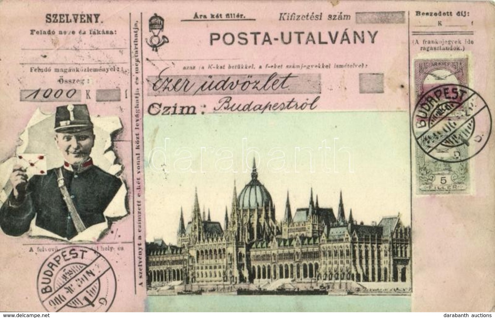 T2/T3 1906 Budapest, V. Országház. Posta-utalvány Montázs Postással (EK) - Sin Clasificación