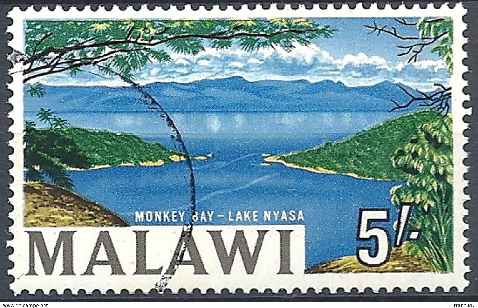 Malawi, 1964 Country Views- Monkey Bay - Lake Nyasa, 5sh  Multicol  # S.G. 225 - Michel 11 - Scott 15  USED - Malawi (1964-...)