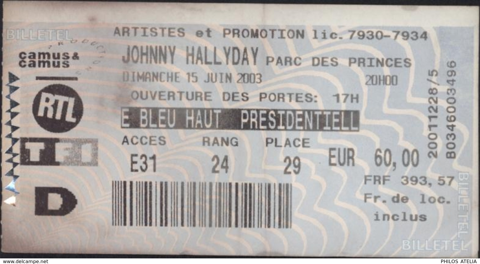 Ticket Billet Entrée Concert Johnny Hallyday Parc Des Princes 15 6 2003 Partenaires RTL TF1 - Tickets - Entradas