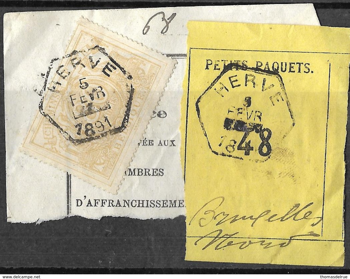 A0.28:HERVE: TR N°12: Hexagone:>Bruxelles Nord.:op Fragm. N°48: "Lettre De Voiture":5 FEVR ▄ 1891 - Used