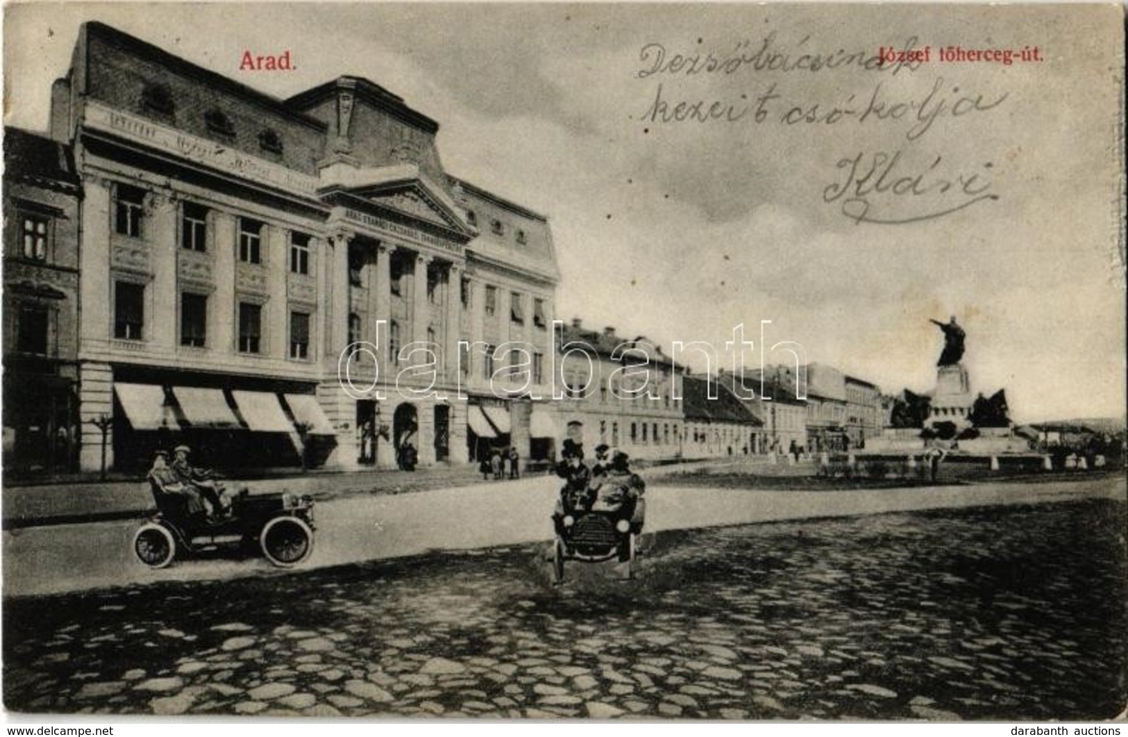 T2 1918 Arad, József Főherceg út, Arad-Csanádi Gazdasági Takarékpénztár, Automobilos Montázs / Street View, Savings Bank - Unclassified